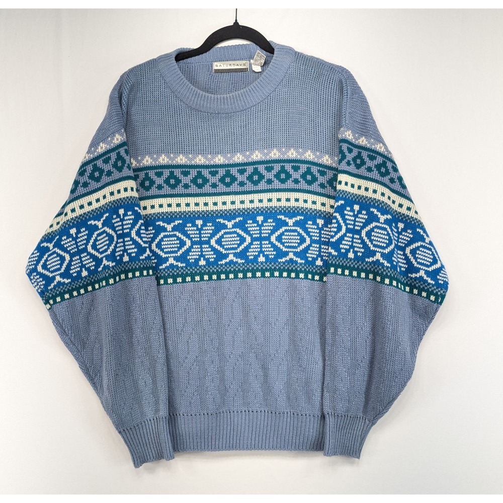 Saturdays Vintage Blue Geometric Fair Isle Crewneck Sweater‎ Mens Large Korea